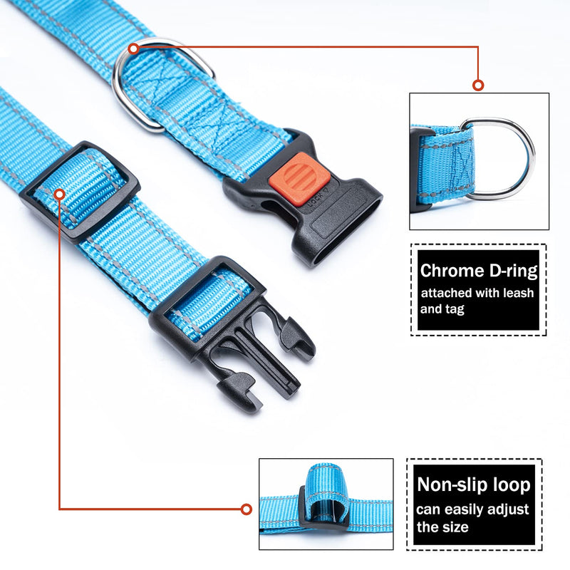 Reflective Dog Collar with Safety Locking Buckle, Adjustable Soft Neoprene Padded Breathable Nylon Pet Collar for Small Medium Large Dogs, 4 Sizes Sky Blue Small :Width 5/8",Neck 10-14" - BeesActive Australia