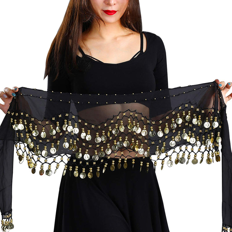 COSICS Belly Dance Hip Scarf, Belly Dancing Skirt Hip Scarves with Dangling Gold Coins for Performance Costume Black - BeesActive Australia