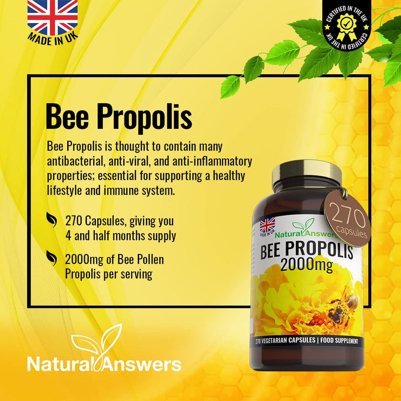 Natural Answers Pure Bee Propolis 2000mg � 270 Capsules 135 Servings - 100% Suitable for Vegetarians Bees Propoli - BeesActive Australia