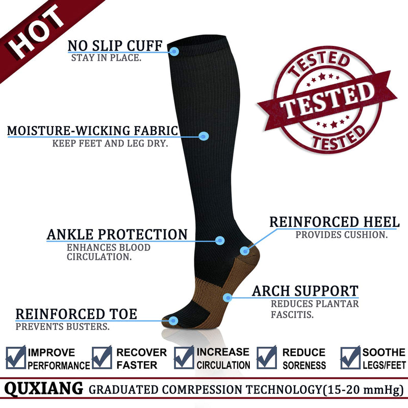 QUXIANG Copper Compression Socks (8 Pairs) for Women & Men- Best for Running, Athletic, Pregnancy and Travel - 15-20mmHg Large/X-Large (Pack of 8) Black - BeesActive Australia