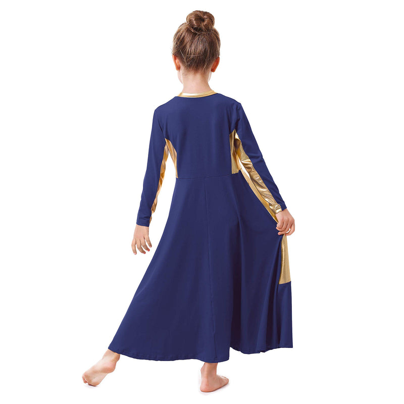 [AUSTRALIA] - OwlFay Girls Metallic Gold Color Block Liturgical Praise Dance Dress Loose Fit Full Length Ruffle Tunic Skirt Worship Costume 9-10 Years Navy Blue + Gold 