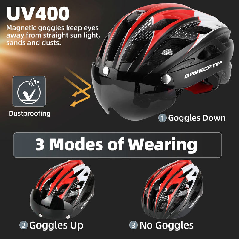 Bike Helmet, Basecamp Bicycle Helmet with Rear Light & Detachable Magnetic Goggles & Portable Backpack Lightweight Cycling Helmet Adjustable for Adult Men Women Mountain & Road (BC-069) BlackRedWhite - BeesActive Australia