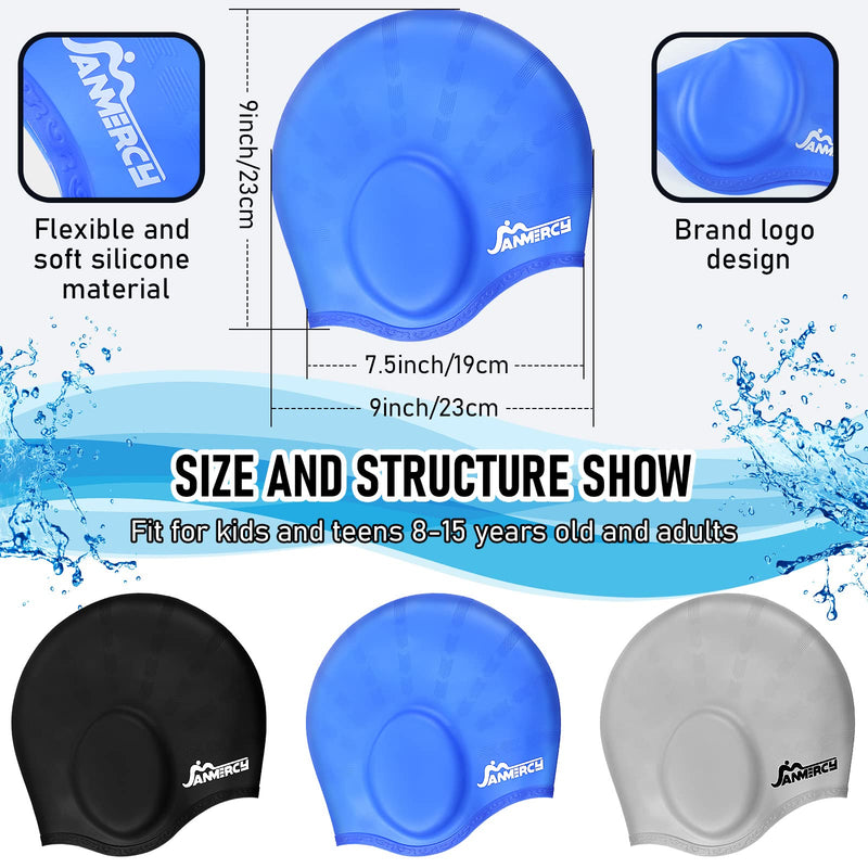 3 Pieces Swim Caps for Kids with 3D Ear Pocket, Swimming Cap Silicone Bathing Swimming Caps with 2 Pairs Ear Plugs Nose Clip for Women Men Kids Teens Adults - BeesActive Australia