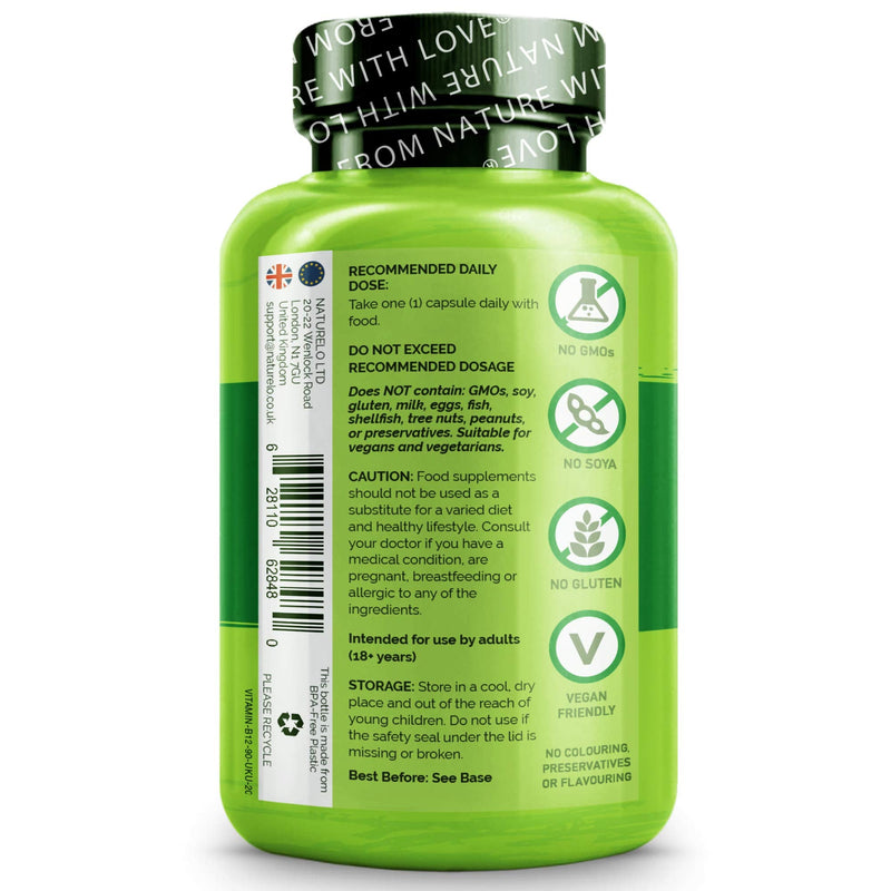 NATURELO Vegan B12 with Organic Spirulina - Best Natural Supplement for Energy, Metabolism and Stress - High Potency 1000 mcg B12 (Methylcobalamin) - Non GMO, Gluten Free - 90 Mini Capsules - BeesActive Australia