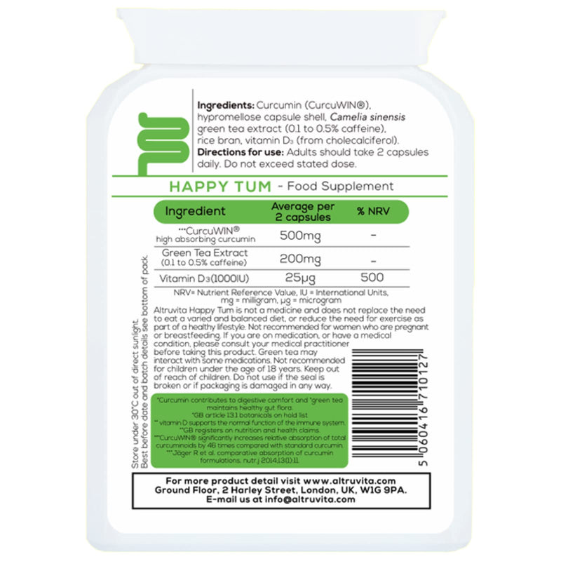 Altruvita Happy Tum | Vitamin D3, Curcumin & Green Tea | 60 Days Supply | Immune Support | Sensitive Gut Supplement | 60 Capsules | Vegetarian Approved - BeesActive Australia