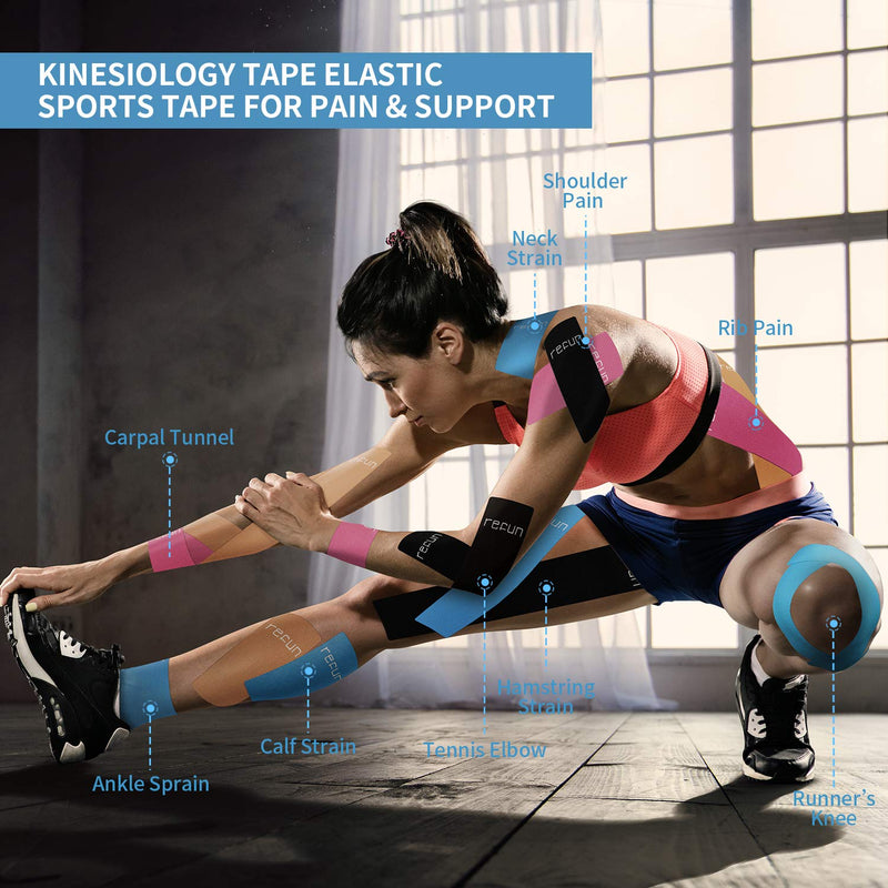 REFUN Kinesiology Tape Precut (4 Rolls Pack), Elastic Therapeutic Sports Tape for Knee Shoulder and Elbow, Pain Relief, Waterproof, Latex Free, 2" x 16.5 feet Per Roll, 20 Precut 10 Inch Strips Beige - BeesActive Australia