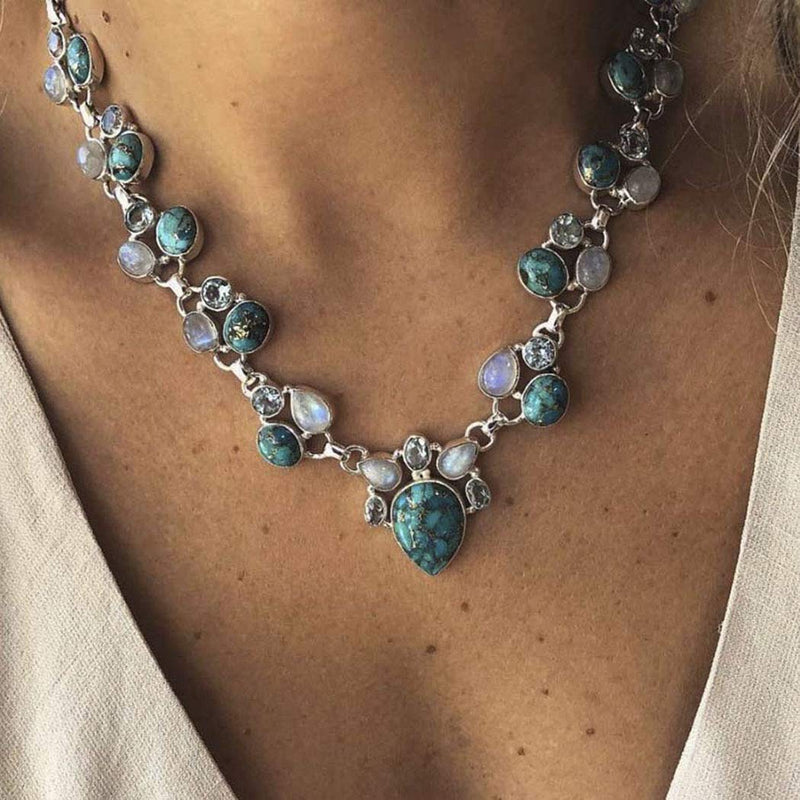 Zehory Boho Turquoise Necklace Silver Crystal Pendant Necklaces Rhinestone Necklace Chain Jewelry for Women and Girls - BeesActive Australia