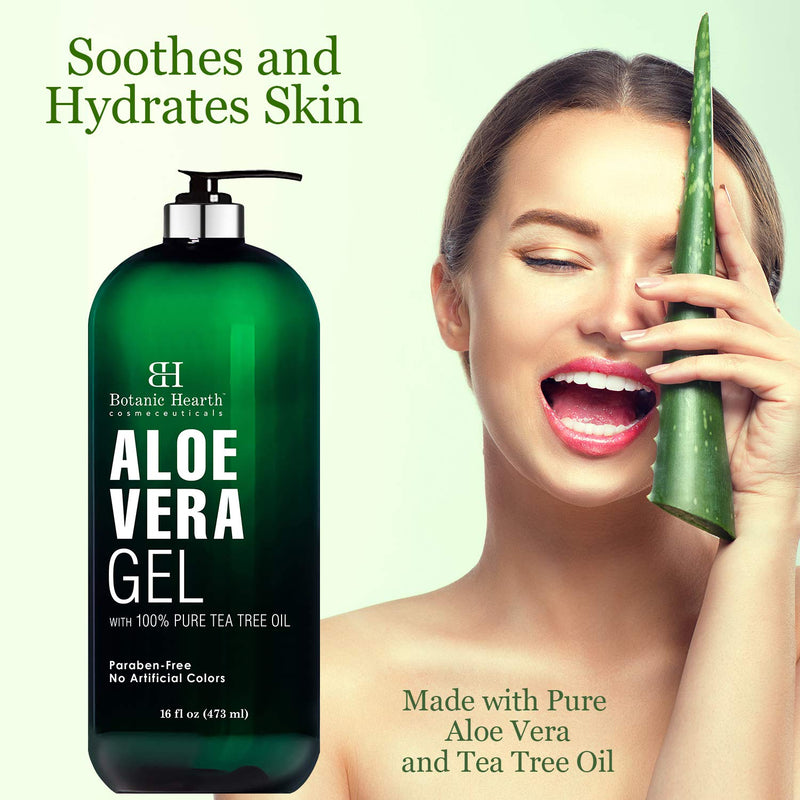 Botanic Hearth Aloe Vera Gel with Tea Tree Oil - Soothing, Hydrating, Moisturizing Skin - Helps with Sunburn, Bug Bites, Rashes, Small Cuts & Eczema - Hair Conditioning (Packaging May Vary) - 16 fl oz - BeesActive Australia