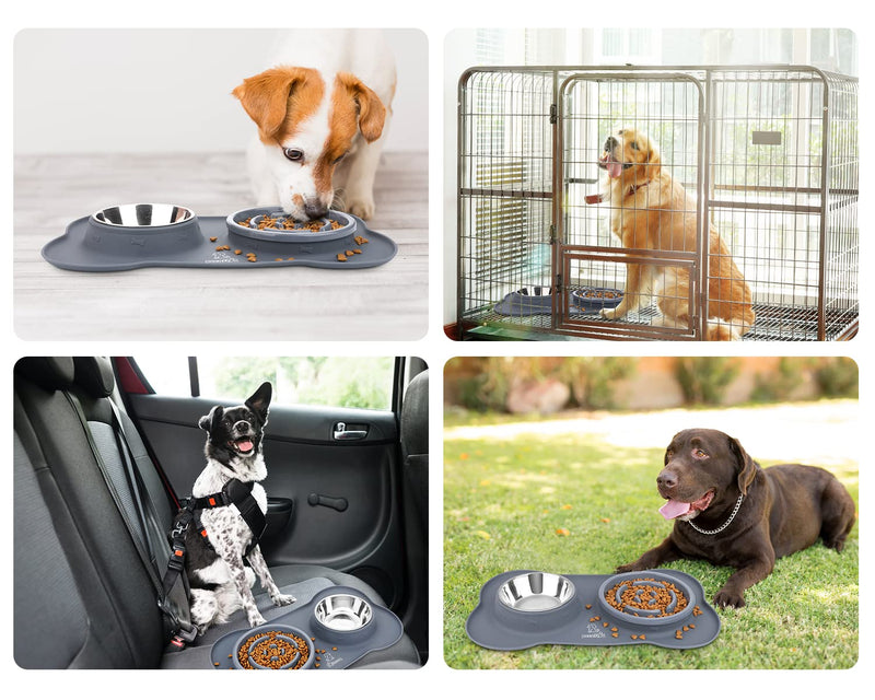 Pecute Dog Bowls Slow Feeder Bloat Stop Pet Bowl Eco-Friendly Non-Toxic No Chocking Healthy Design Bowl with No-Spill Non-Skid Silicone Mat Stainless Steel Water Bowl for Dogs Cats and Pets M-13.5oz/bowl Grey Bowl - BeesActive Australia