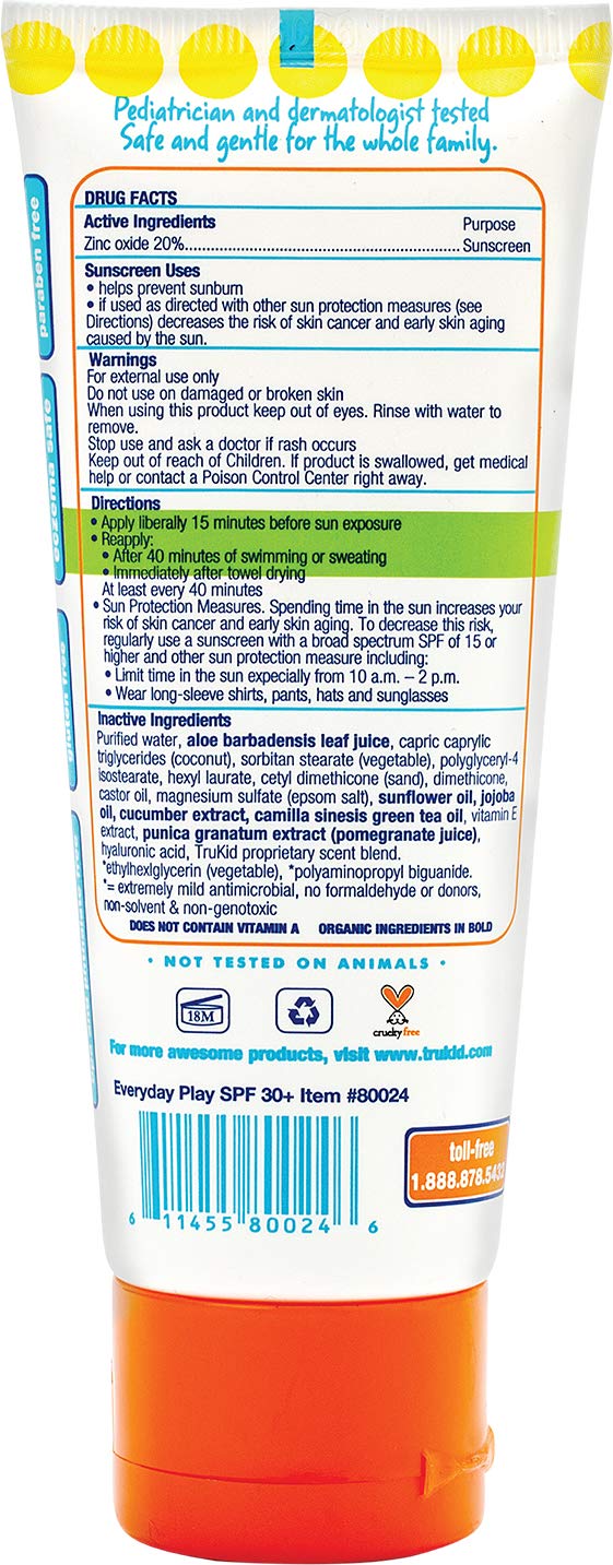 TruBaby Everyday Play SPF 30+ UVA/UVB Protection Sunscreen Body Lotion, Water Resistant Mineral Based Protection For Baby, Light Citrus Scent, Reef Friendly, All Natural Ingredients (2 fl oz) - BeesActive Australia