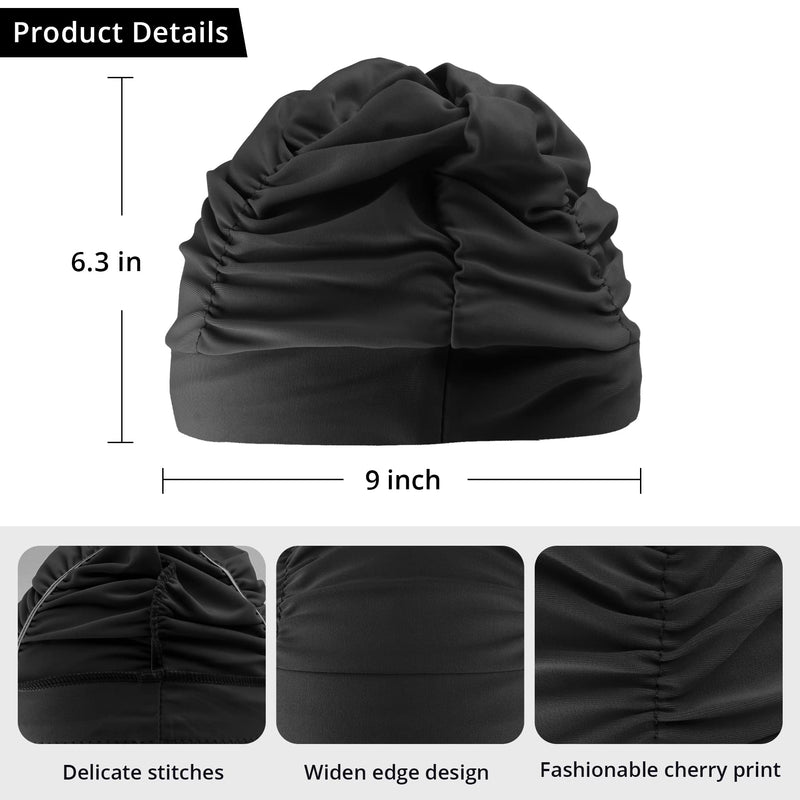 WooWill Swim Caps for Women Swimming, Colorful Printed Swimming Cap for Women Large Lycra Nylon Cloth Swim Cap 14 Style Pleated Elastic Bathing Cap for Long Hair & Thick Curly Hair 12 Bright Black - BeesActive Australia