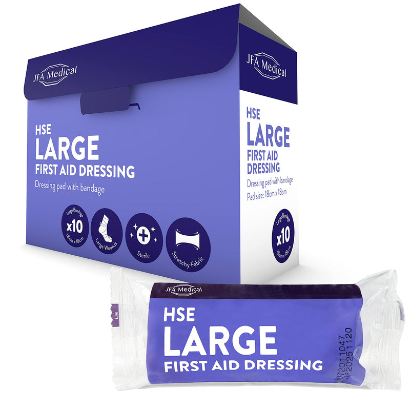 JFA Medical HSE Large Sterile First Aid Dressing Bandage with Pad 18 x 18cm - Pack of 10 Bandages - BeesActive Australia