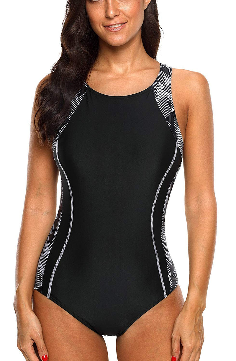 [AUSTRALIA] - CharmLeaks Women's Competitive Athletic One Piece Swimsuit Racerback Training Swimwear Bathing Suits X-Large Black/White Stripe 