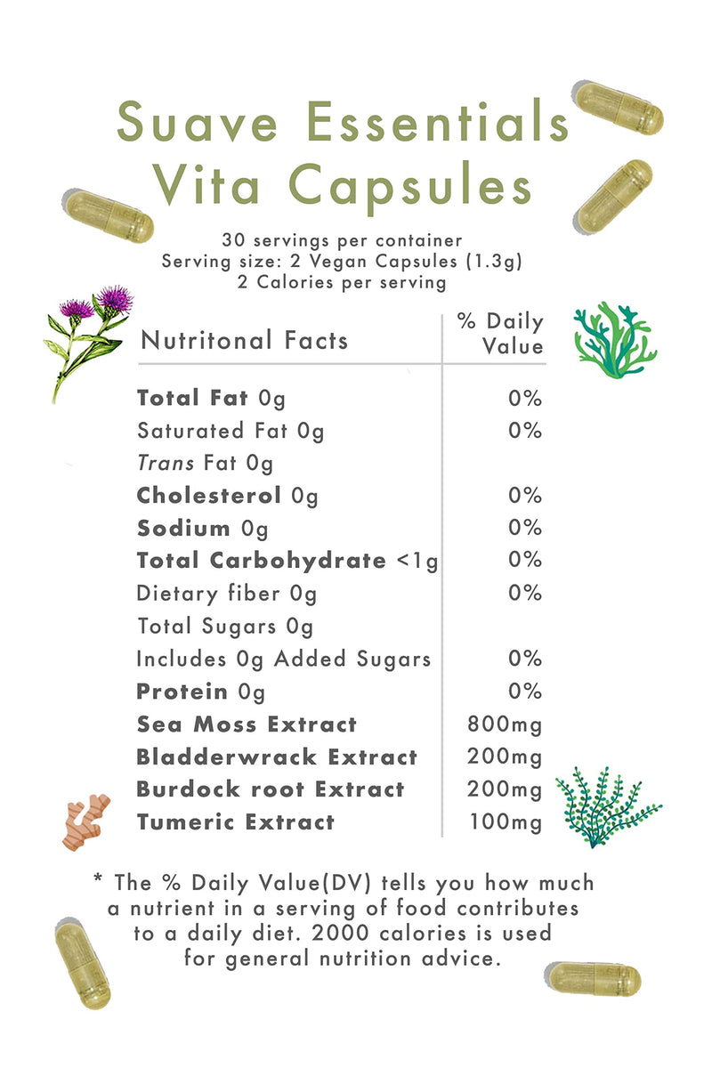 Suave Moss Lifestyle | Natural Sea Moss, Turmeric, Bladderwrack & Burdock Root Capsules | 60 Capsules | Gluten Free, Vegan, Non GMO Sea Moss Capsules - BeesActive Australia