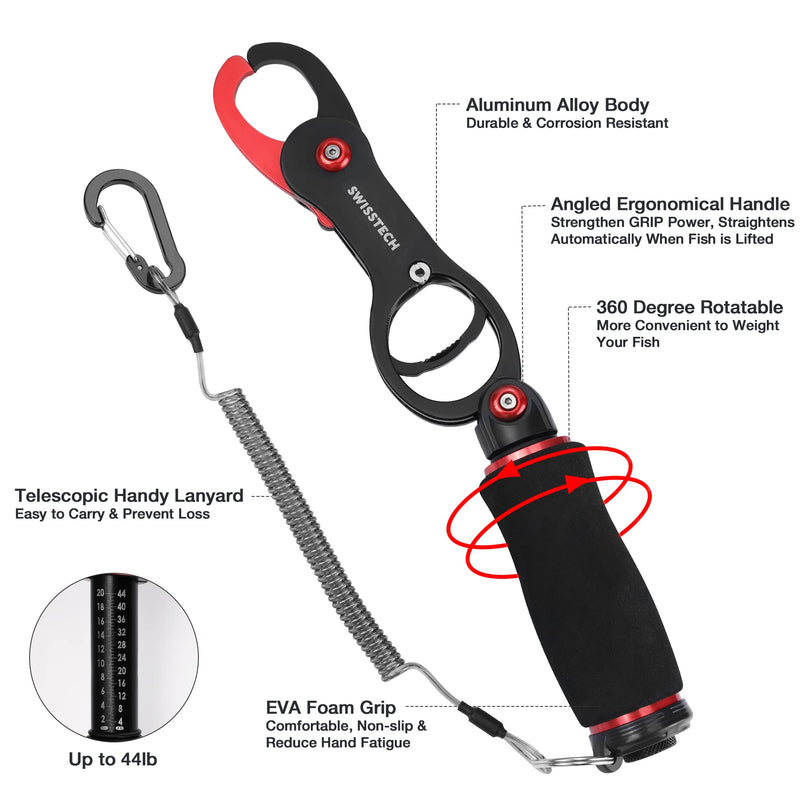 Swiss+Tech 3PC Fishing Tool Kit, Fishing Gifts for Men - Fish Lip Gripper with Scale, Multifunction Braided Line Scissors, Fish Hook Remover, Fishing Gear with Safety Coiled Lanyard - BeesActive Australia