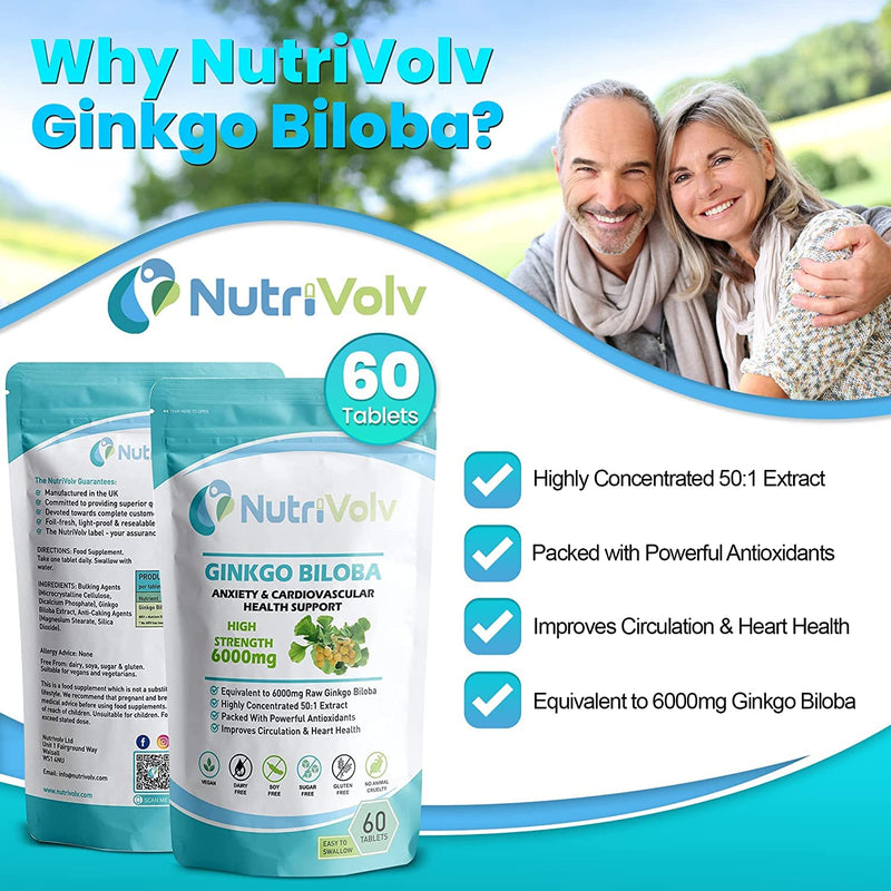 Ginkgo Biloba 6000mg Supplements Helps Promote Healthy Memory & Cognitive Function Blood Circulation, Heart, Memory, Focus & Anxiety | 60 Tablets - BeesActive Australia