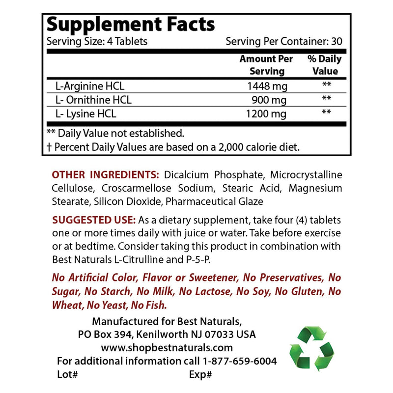 Best Naturals Tri-Amino with L-Arginine, L-Ornithine, L-Lysine 120 Tablets (120 Count (Pack of 1)) 120 Count (Pack of 1) - BeesActive Australia