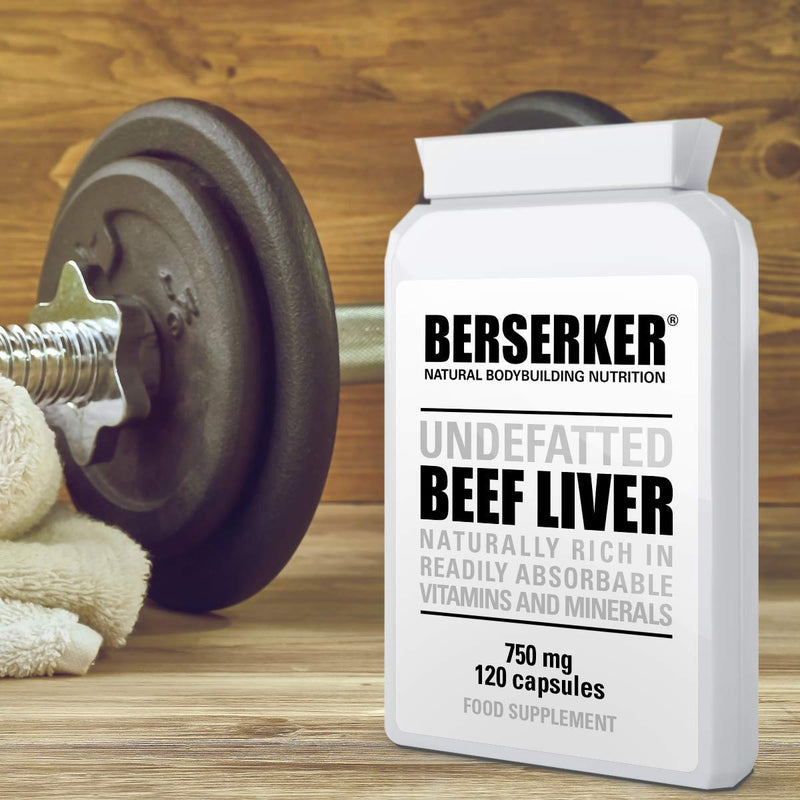 Berserker Desiccated Beef Liver 750mg 120 Capsules Un-defatted Meaning Full Absorption of Naturally Occurring Vitamins and Minerals Found in Beef Liver. Made in The UK. 120 Count (Pack of 1) - BeesActive Australia