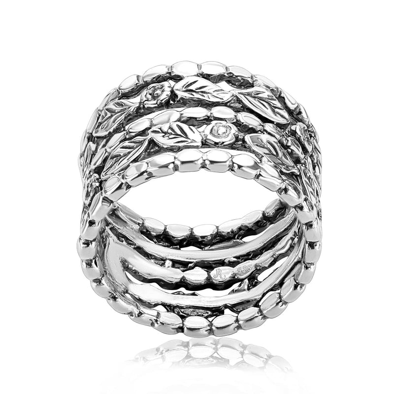 925 Sterling Silver Wide Ring Flowers and Leaves, Oxidized, Vintage Look Stylish Hypoallergenic, Nickel and Lead-free, Artisan Handcrafted Designer Collection Made in Israel (Size 5-11) 7 - BeesActive Australia