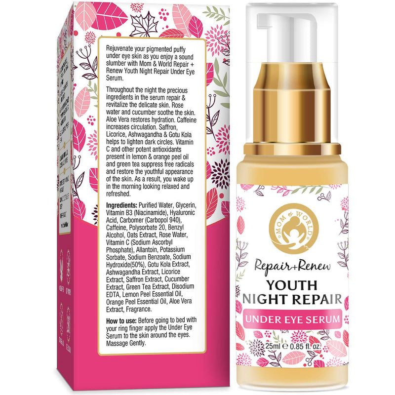 Mom & World Repair + Renew Youth Night Repair Under Eye Serum, 25ml - With Vitamin C, Caffeine, Hyaluronic Acid for Under Eye Skin Repair and Dark Circles - BeesActive Australia