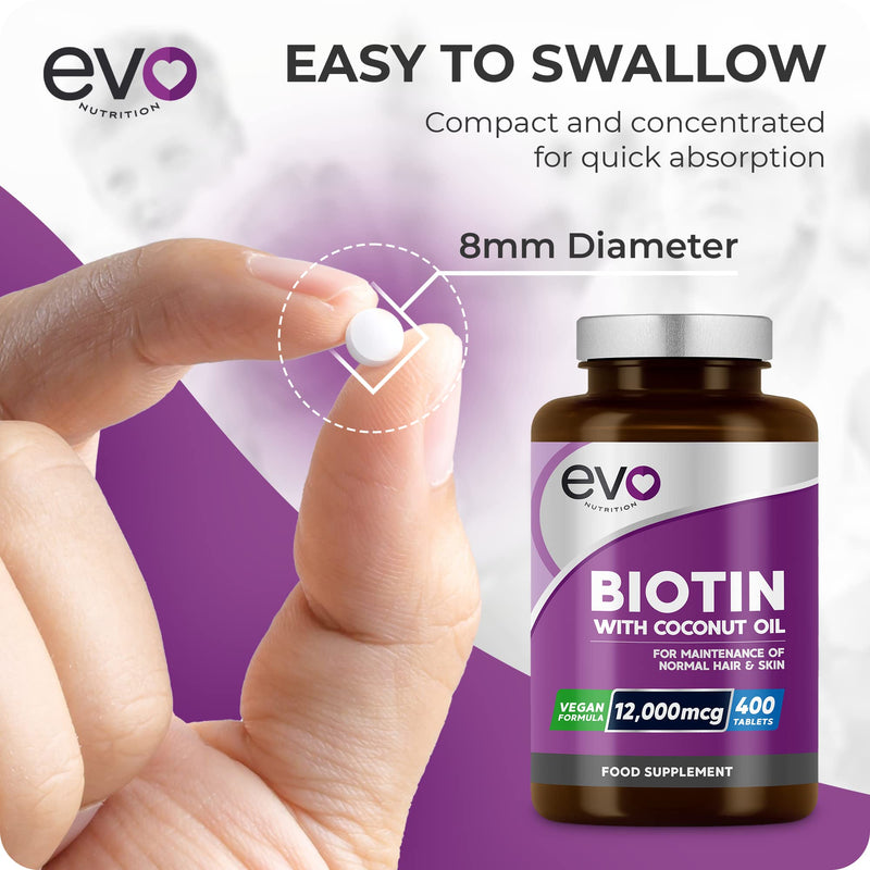 Biotin Hair Growth Supplement 12,000mcg with Coconut Oil | 400 High Strength Biotin Tablets for Hair - 13 Month Supply | Vitamin B7 | Supports Normal Skin & Hair Growth | Made in UK by EVO Nutrition - BeesActive Australia