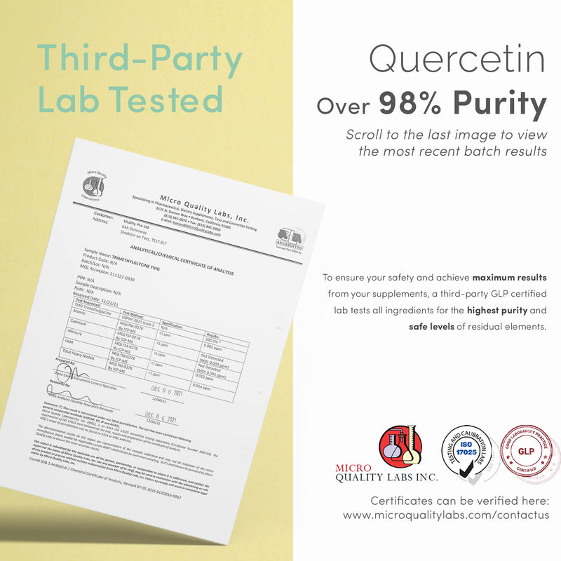 Quercetin 500mg x 120 Capsules - Third Party Tested Over 98.4% Purity - Natural Quercetin Supplement � 60 Grams - Vitality Pro - BeesActive Australia
