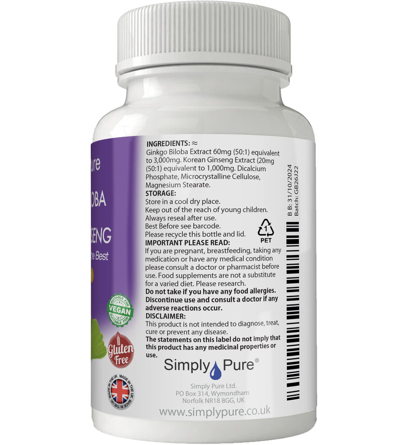 Simply Pure Vegan Ginkgo Biloba & Korean Ginseng 90x Tablets, 100% Natural, Gluten Free and GM Free - BeesActive Australia