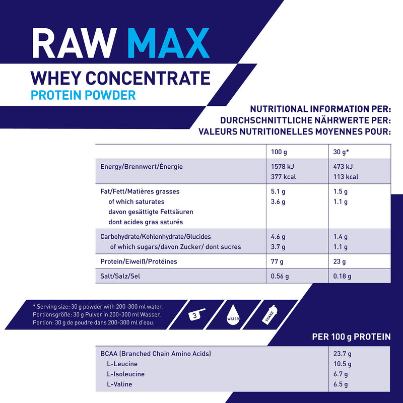 Maximuscle Raw Max | Whey Protein Powder | Protein Shake with Whey Concentrate | Low Fat, Low Sugar, Gluten-Free | Vanilla, 480g - 16 Servings 480 g (Pack of 1) - BeesActive Australia