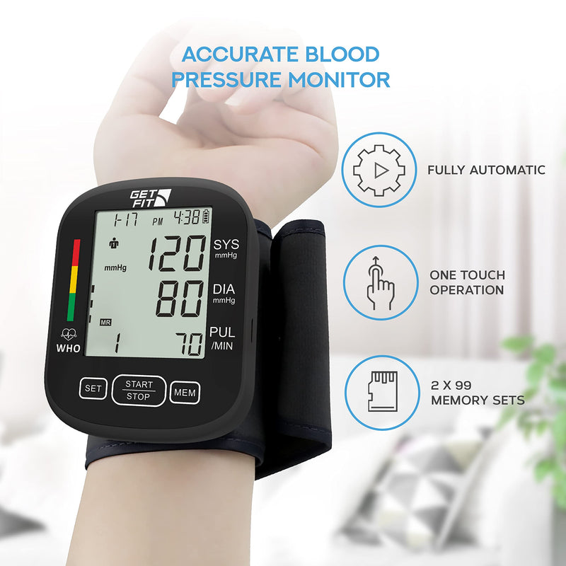 Get Fit Wrist Blood Pressure Monitor for Home Use - Medical Blood Pressure Machine Reader - Dual Users 2x99 Memory - Sphygmomanometer Adjustable Wrist Cuff, LCD Display, Pulse Rate Monitor - Black One Size - BeesActive Australia