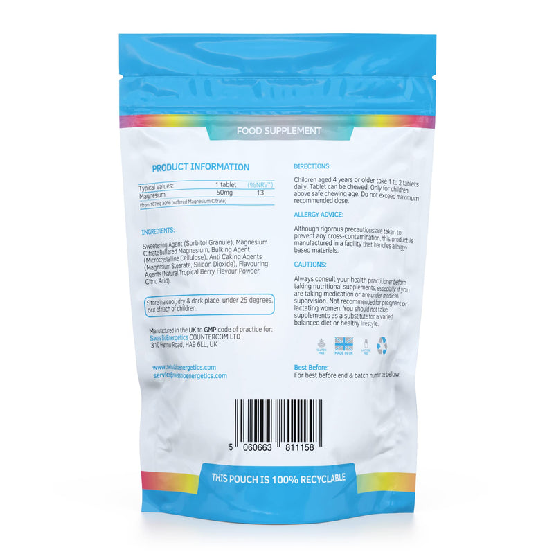Magnesium Chewable Tablets 50mg � Balanced Dosage for Children from 167mg of Magnesium Citrate � Easily absorbable & Highly bioavailable - Tropical Berry Flavour with no Added Sugar - Vegan & UK Made - BeesActive Australia