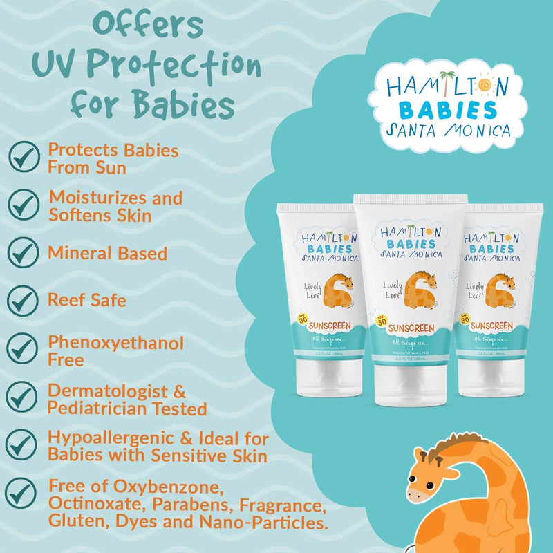 Hamilton Babies: Lively Levi Sunscreen - Baby Sunscreen - 3.3 fl oz / 98 mL - SPF 30, All-Natural, 15% Zinc Oxide, UV Protection, Hypoallergenic, Sulfate-Free, Phthalate-Free, Paraben-Free - BeesActive Australia