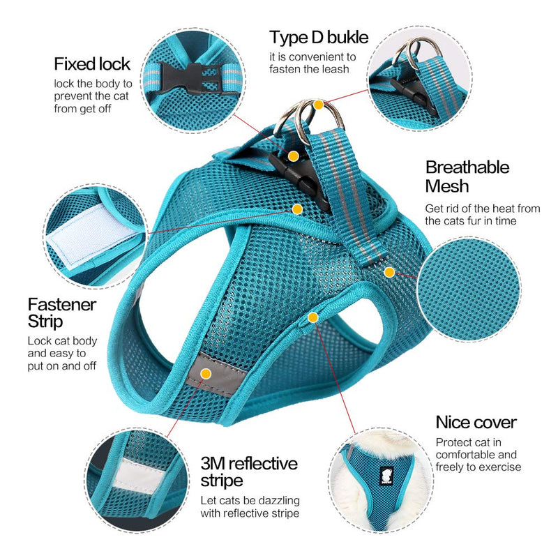 FDOYLCLC Cat Harness and Leash Set for Walking Escape Proof, Step-in Easy Control Outdoor Jacket, Adjustable Reflective Breathable Soft Air Mesh Vest for Small, Medium, Large Kitten Large (Chest: 15.7" - 17.7") Turquoise - BeesActive Australia