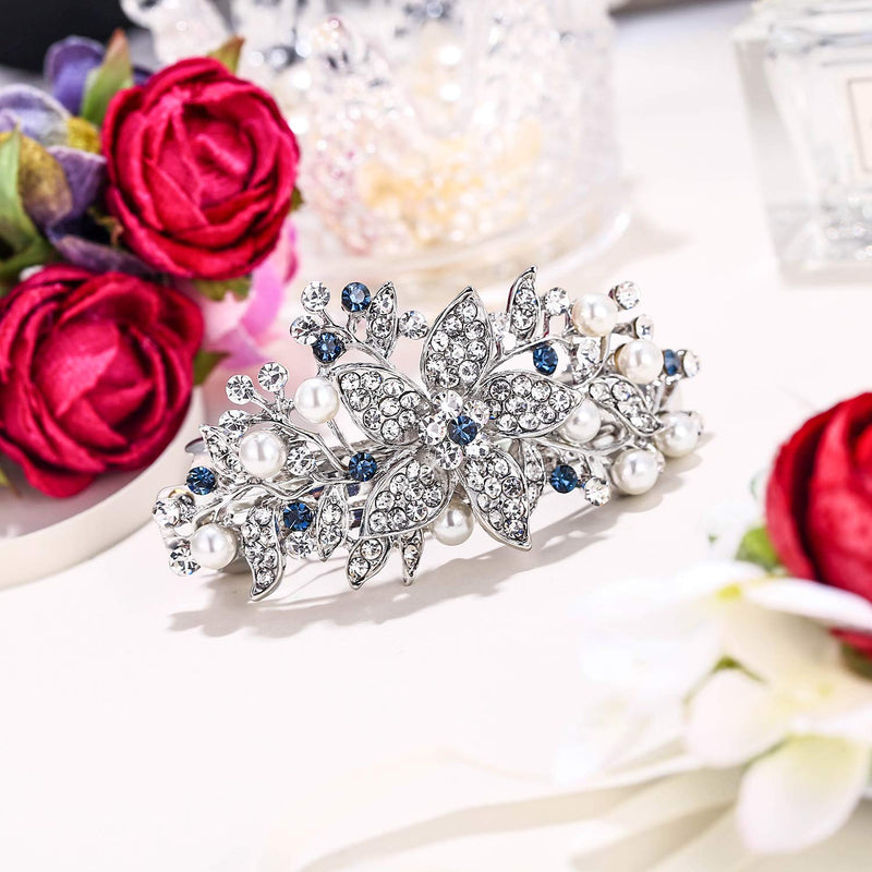 EVER FAITH Austrian Crystal Bridal Hibiscus Cream Simulated Pearl Hair Clip Barrette Silver-Tone Blue - BeesActive Australia