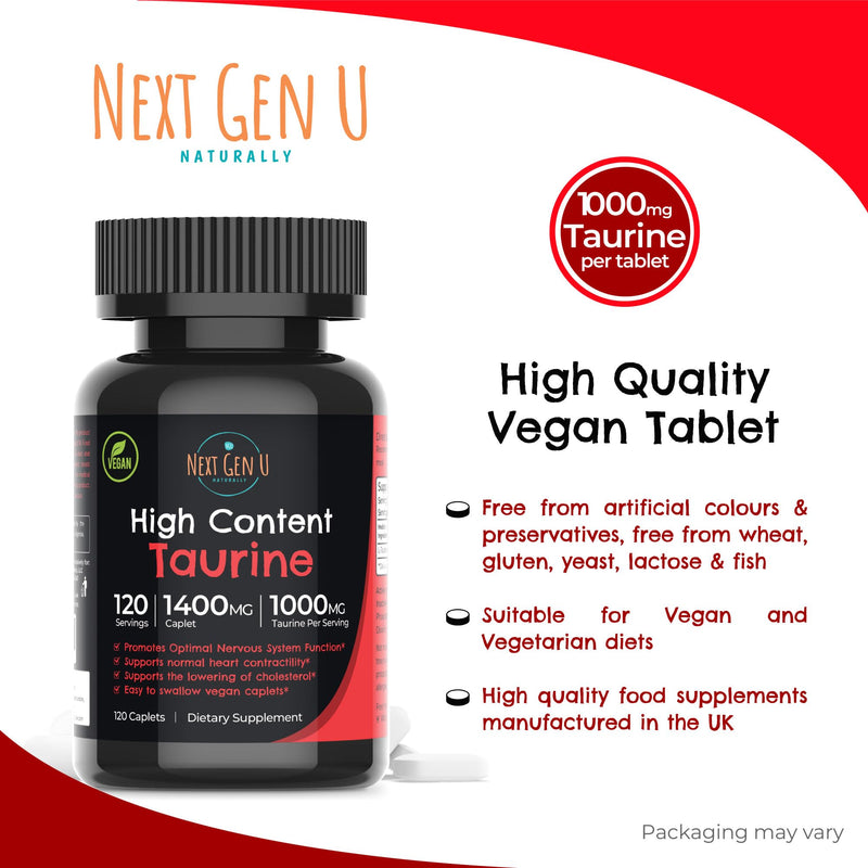 Taurine 1000 mg Food Supplement 120 Vegan Caplets, Dietary Health Supplement Helps Promote Immune & Central Nervous System Functions by Next Gen U - BeesActive Australia