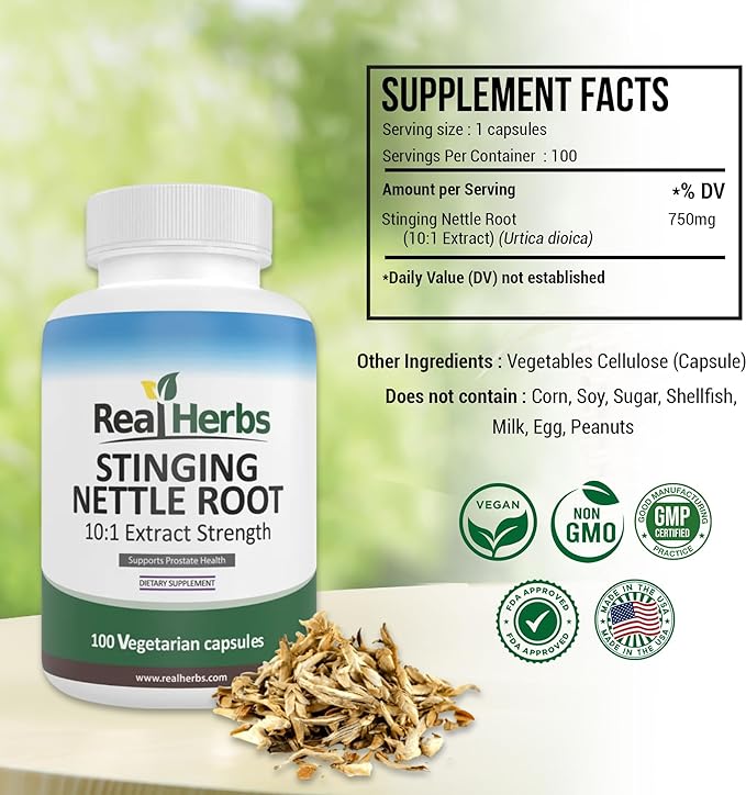 Real Herbs Stinging Nettle Root - 750mg - 100 Vegetarian Capsules - Made in the USA - Directly from Japan - BeesActive Australia
