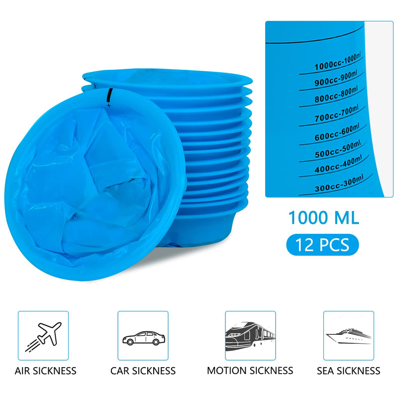 12 Pack Vomit Bags, 1000ml Disposable Emesis Bags Barf Bags with Snap, High Density Portable Aircraft & Car Sickness Bag Leakproof Nausea Bags for Travel Motion Sickness Kids Pregnant Woman Hospital Blue - BeesActive Australia