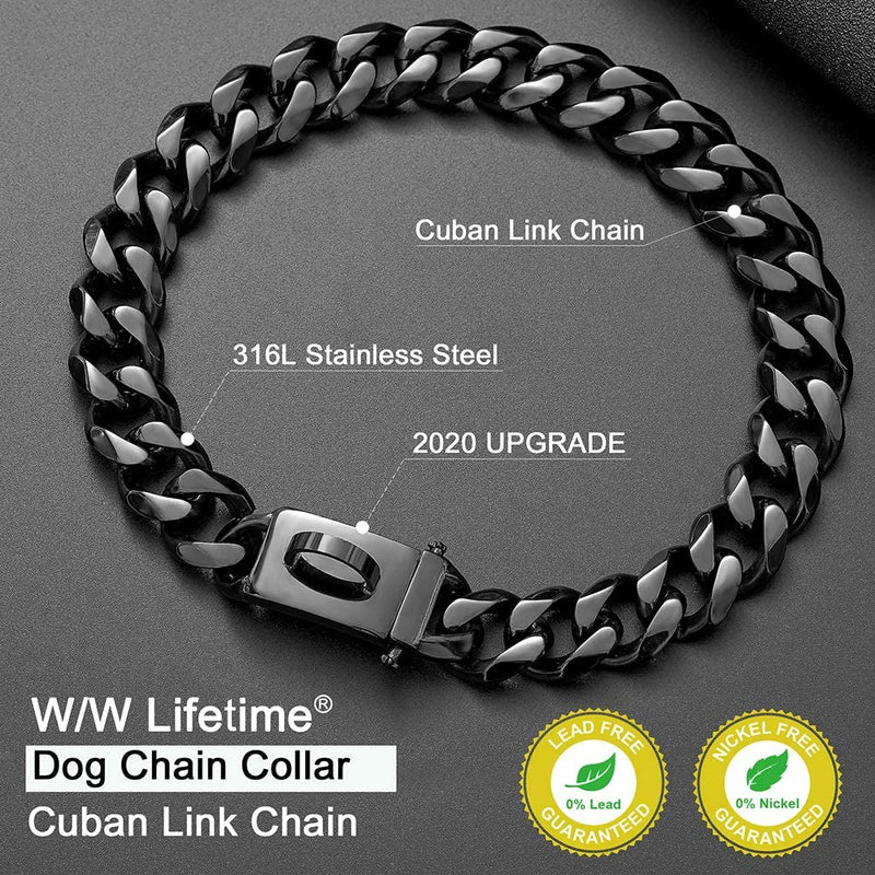 W/W Lifetime Dog Chain Collar Walking Training Collar with Design Secure Buckle 19MM Black Cuban Link Strong Heavy Duty Chew Proof Chain for Medium Large Dogs American Pitbull German Shepherd 20" - BeesActive Australia