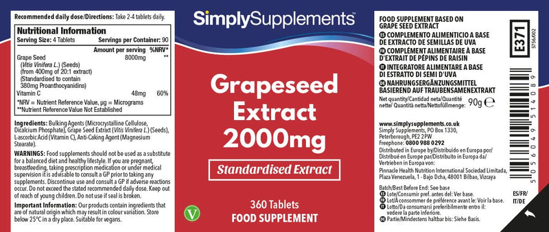 Grapeseed Extract 2000mg | 360 High Strength Grapeseed Tablets with Added Vitamin C | Vegan & Vegetarian Friendly | Manufactured in The UK - BeesActive Australia
