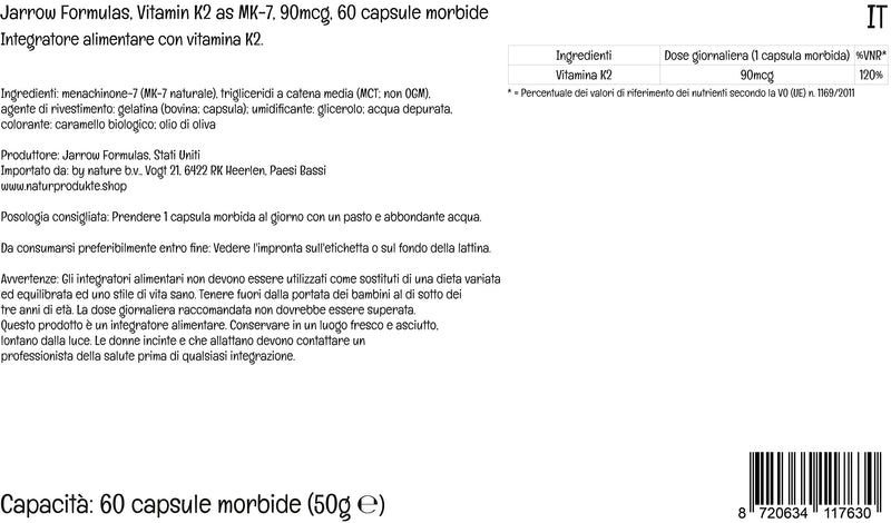 Jarrow Formulas MK-7, Vitamin K2, 90mcg, 60 Softgels, Lab Tested, Gluten Free, Soy Free, Non-GMO - BeesActive Australia