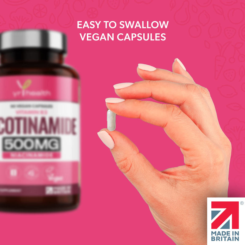 Vitamin B3 Nicotinamide, Niacinamide 500mg - 90 Vegan Niacin B3 Capsules Flush Free, for Skin, Energy Yielding Metabolism, Tiredness & Fatigue, One A Day, 3 Months Supply - Made in The UK by YrHealth - BeesActive Australia