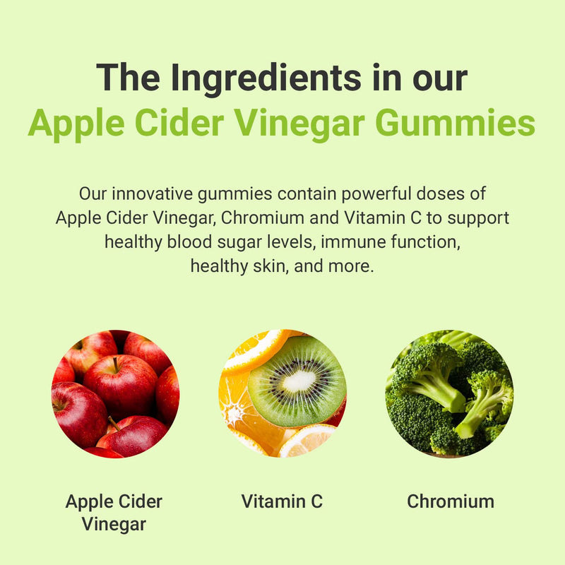 Hey Nutrition Apple Cider Vinegar Gummies Supplement - Vitamin C & Chromium - Supports Skin Health, Metabolic Function & Immune Health - No Artificial Flavours, Non-GMO & Dairy-Free - 60 Vegan Gummies - BeesActive Australia