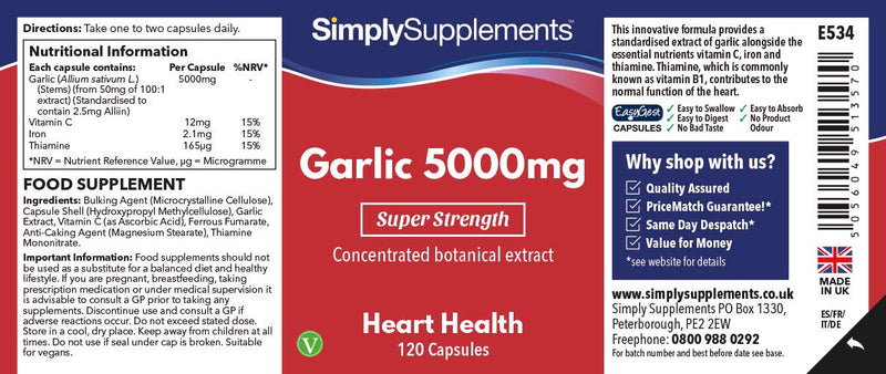 Garlic Capsules 5000mg | Vegan & Vegetarian Friendly | 120 Capsules = Up to 4 Month Supply | High Strength Odourless Garlic Supplement for Healthy Heart & Circulation | Manufactured in The UK 120 Count (Pack of 1) - BeesActive Australia