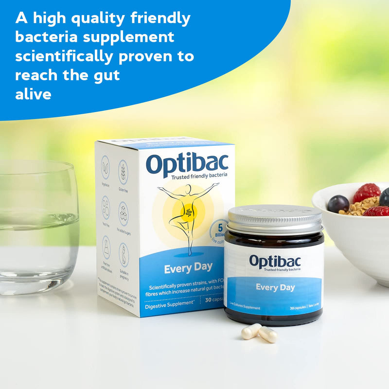 Optibac Probiotics Every Day - Digestive Probiotic Supplement with 5 Billion Bacterial Cultures & FOS Fibres - 30 Capsules 30 Count (Pack of 1) - BeesActive Australia
