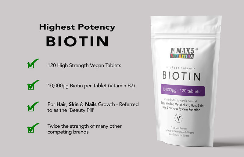 Biotin Hair Growth Supplement, 30-365 Tablets (1 Month to Full Year Supply) Biotin 10,000mcg by FMax5 Supplements (120) 120 - BeesActive Australia