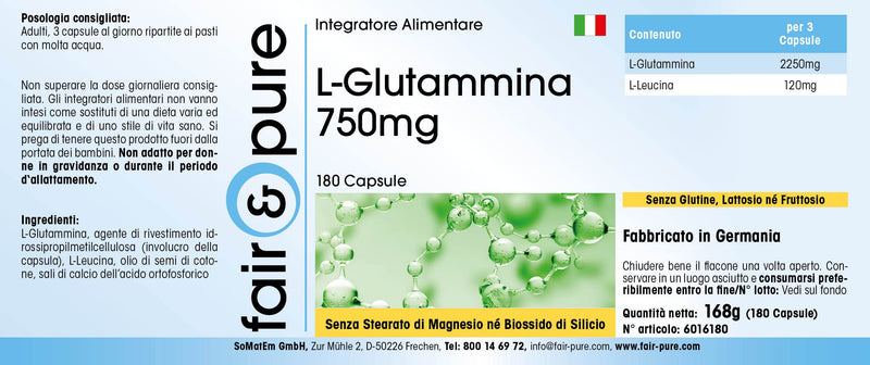 Fair & Pure L-Glutamine 750mg, in Free Form, Vegan, 750mg, 180 Capsules - BeesActive Australia