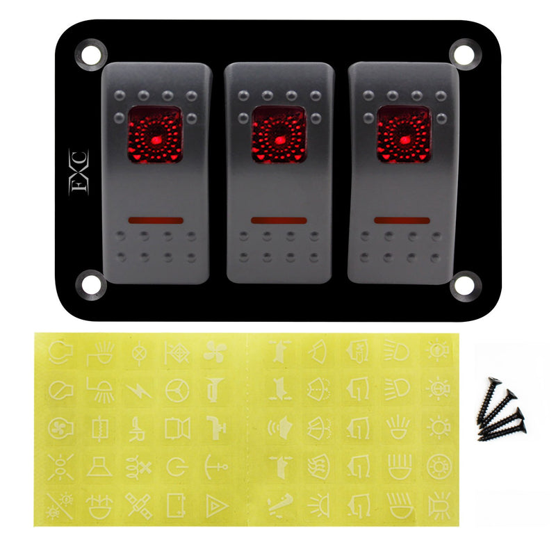 [AUSTRALIA] - FXC Rocker Switch Aluminum Panel 3 Gang Toggle Switches Dash 5 Pin ON/Off 2 LED Backlit for Boat Car Marine Red 