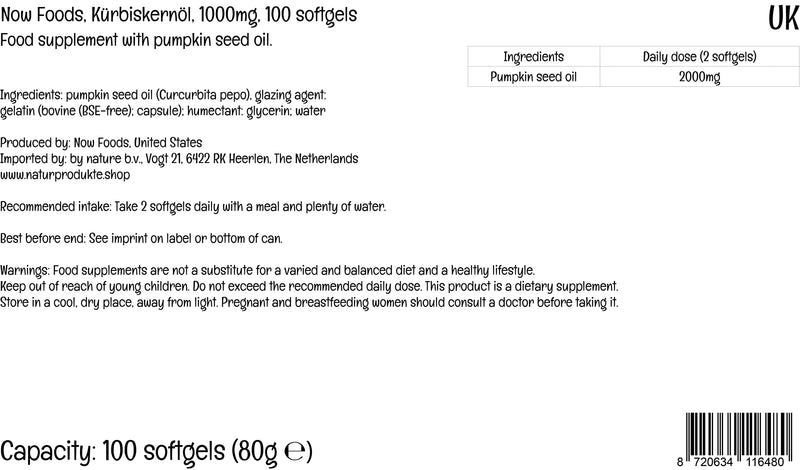 Now Foods, Pumpkin Seed Oil, 1.000mg, 100 Softgels, Lab-Tested, Soy Free, Gluten Free, Non-GMO - BeesActive Australia