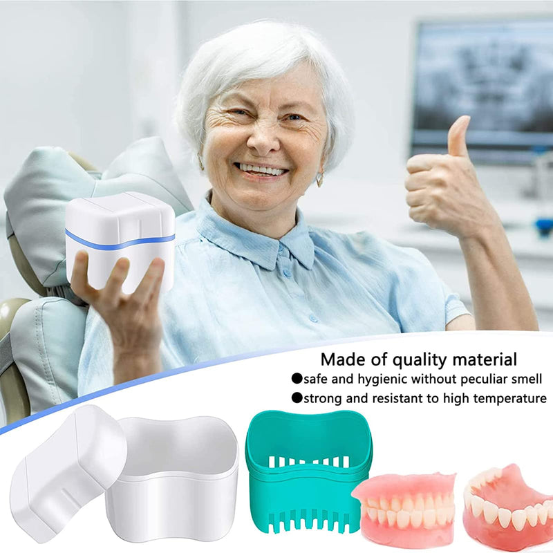 Denture Case Set, LONTOM 2 Denture Bath Cups 2 Denture Cleaner Brushes 2 Portable Toothbrush Box, Strainer Basket Retainers Denture Care Bath Box for Dentures, Braces, Mouth Guard Traveling (Random) - BeesActive Australia