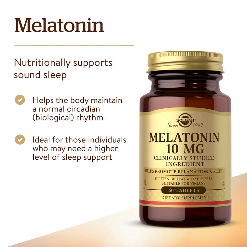 Solgar Melatonin 10mg, 60 Tablets - High-Dosage - Helps Promote Relaxation & Sleep - Clinically-Studied Melatonin - Supports Natural Sleep Cycle - Vegan, Gluten Free, Dairy Free, Kosher - 60 Servings - BeesActive Australia