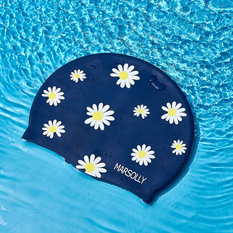 Marsolly Silicone Swim Cap for Women, Waterproof Long Hair Swimming Caps with Flower Printed Navy - BeesActive Australia